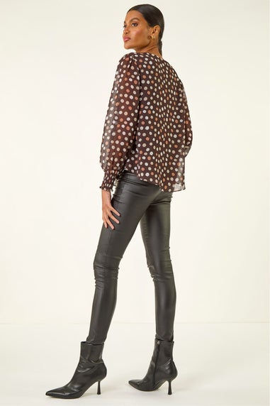 Roman Chocolate Spot Print Shirred Cuff Top