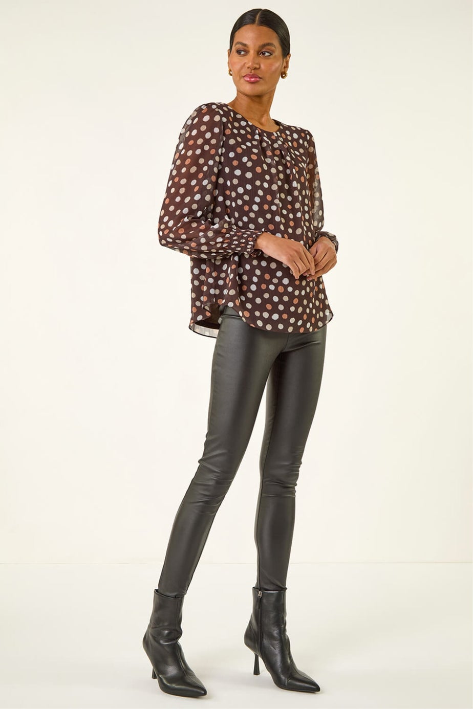 Roman Chocolate Spot Print Shirred Cuff Top