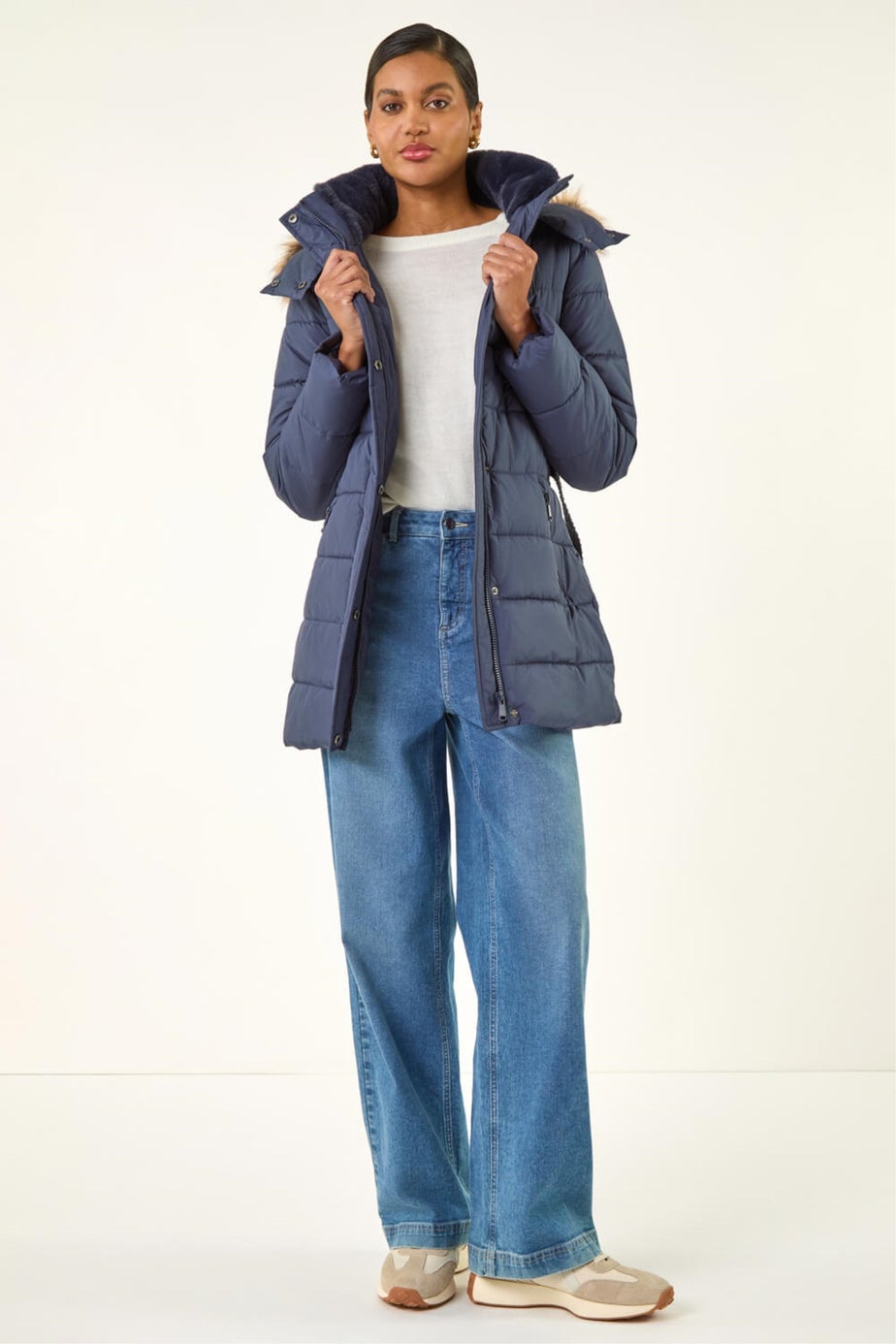 Roman Navy Faux Fur Padded Belt Coat