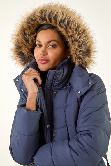 Roman Navy Faux Fur Padded Belt Coat