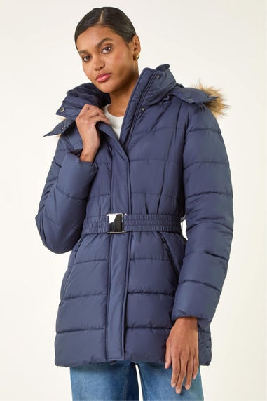 Roman Navy Faux Fur Padded Belt Coat