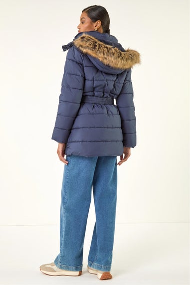 Roman Navy Faux Fur Padded Belt Coat