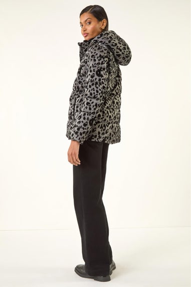 Roman Grey Animal Print Flocked Hooded Coat