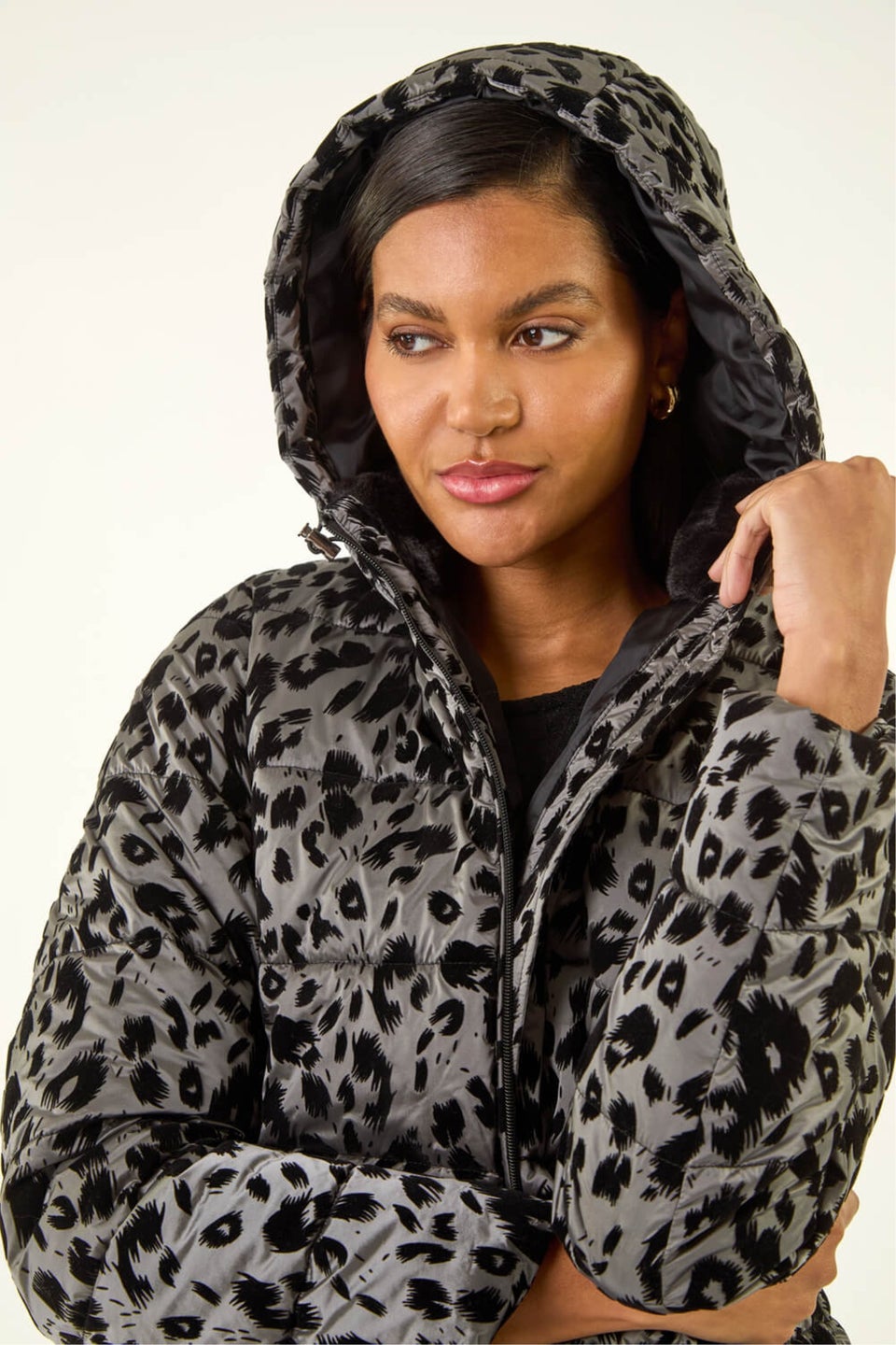 Roman Grey Animal Print Flocked Hooded Coat