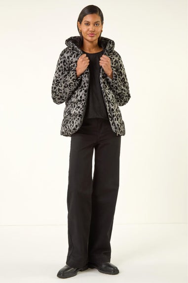 Roman Grey Animal Print Flocked Hooded Coat