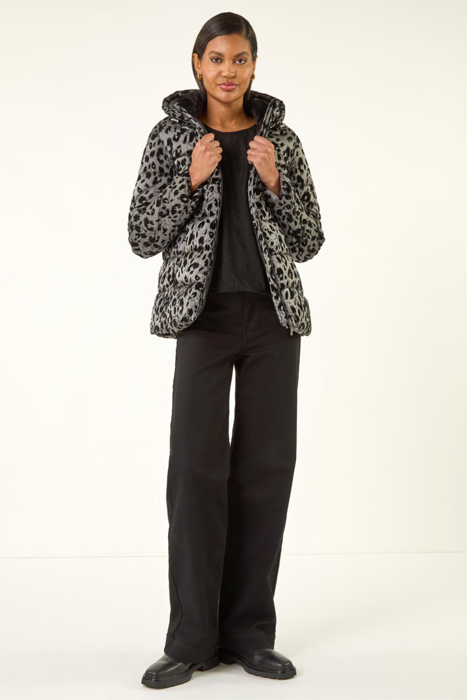 Roman Grey Animal Print Flocked Hooded Coat