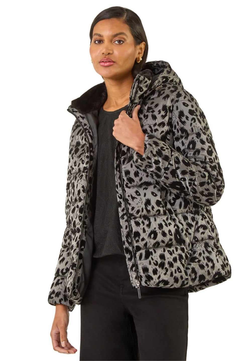 Roman Grey Animal Print Flocked Hooded Coat