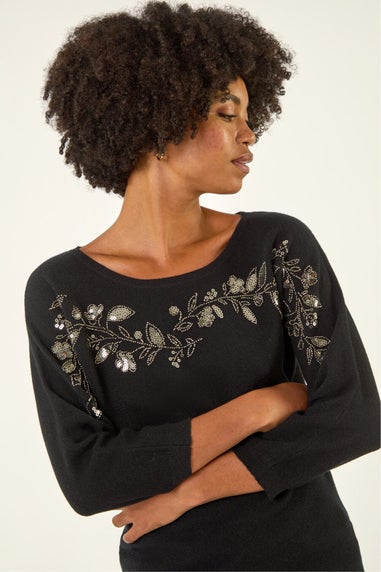 Roman Black Embellished Floral Sequin Knit Jumper