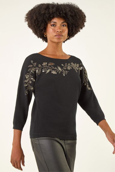 Roman Black Embellished Floral Sequin Knit Jumper