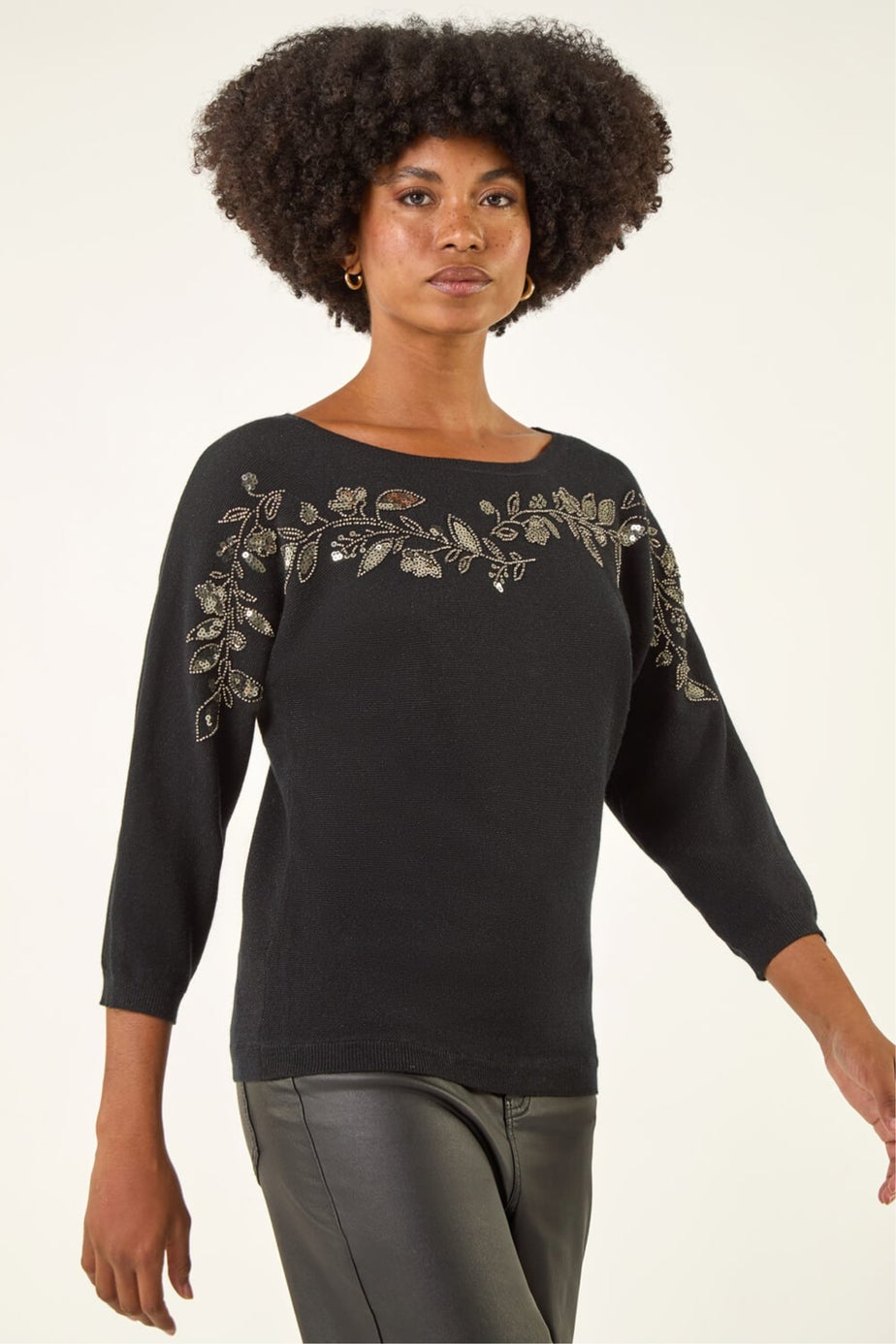 Roman Black Embellished Floral Sequin Knit Jumper