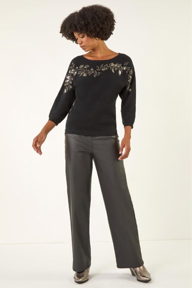 Roman Black Embellished Floral Sequin Knit Jumper