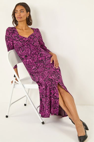 Roman Magenta Paisley Print Ruched Midi Stretch Dress