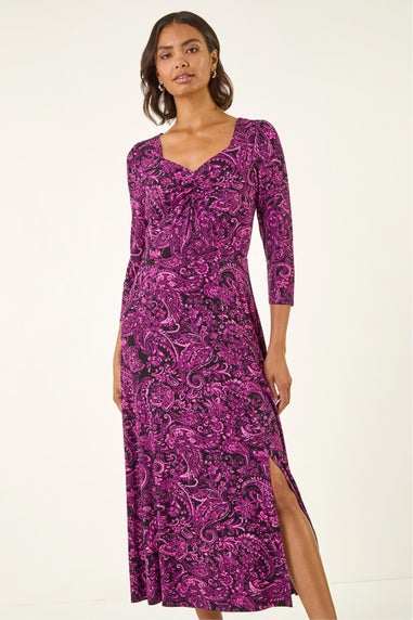 Roman Magenta Paisley Print Ruched Midi Stretch Dress