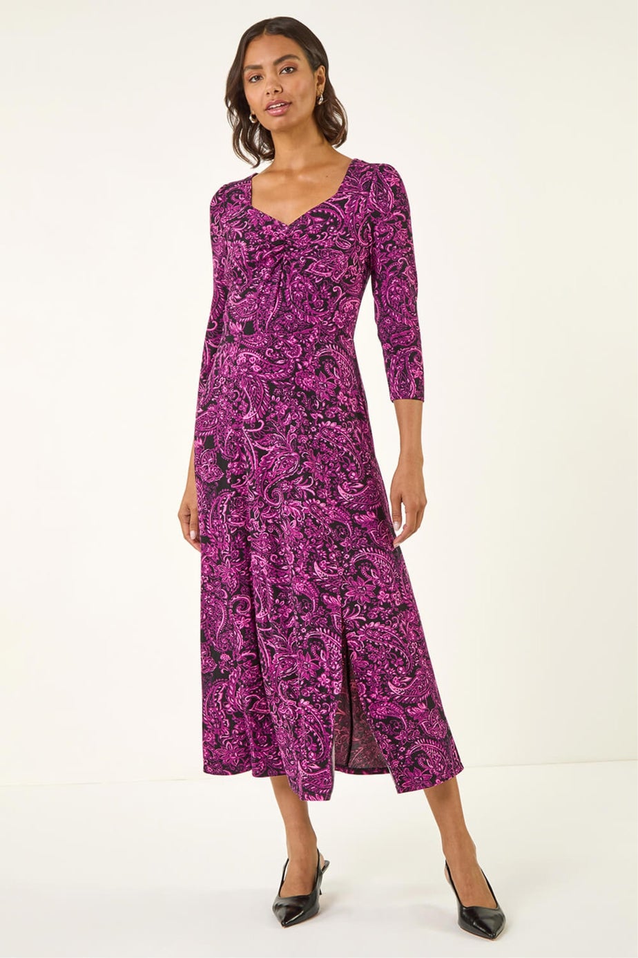 Roman Magenta Paisley Print Ruched Midi Stretch Dress