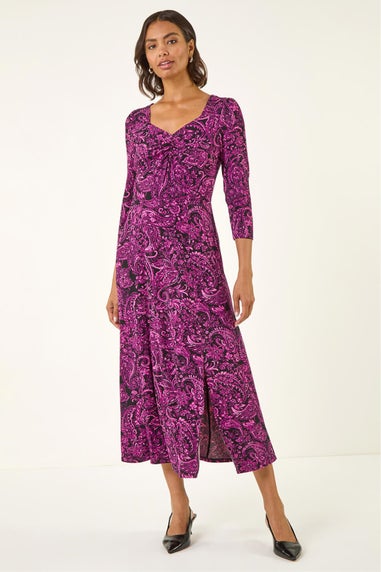 Roman Magenta Paisley Print Ruched Midi Stretch Dress