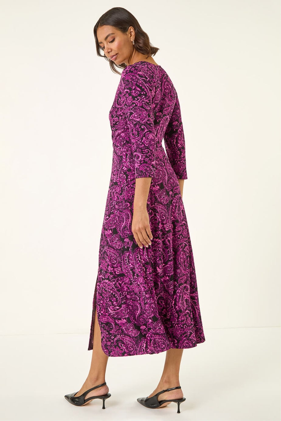 Roman Magenta Paisley Print Ruched Midi Stretch Dress