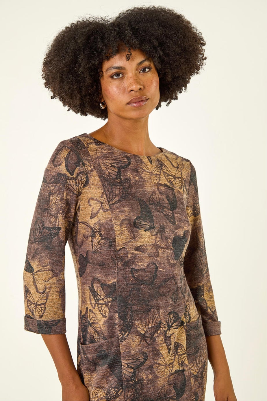 Roman Tan Butterfly Pocket Stretch Shift Dress