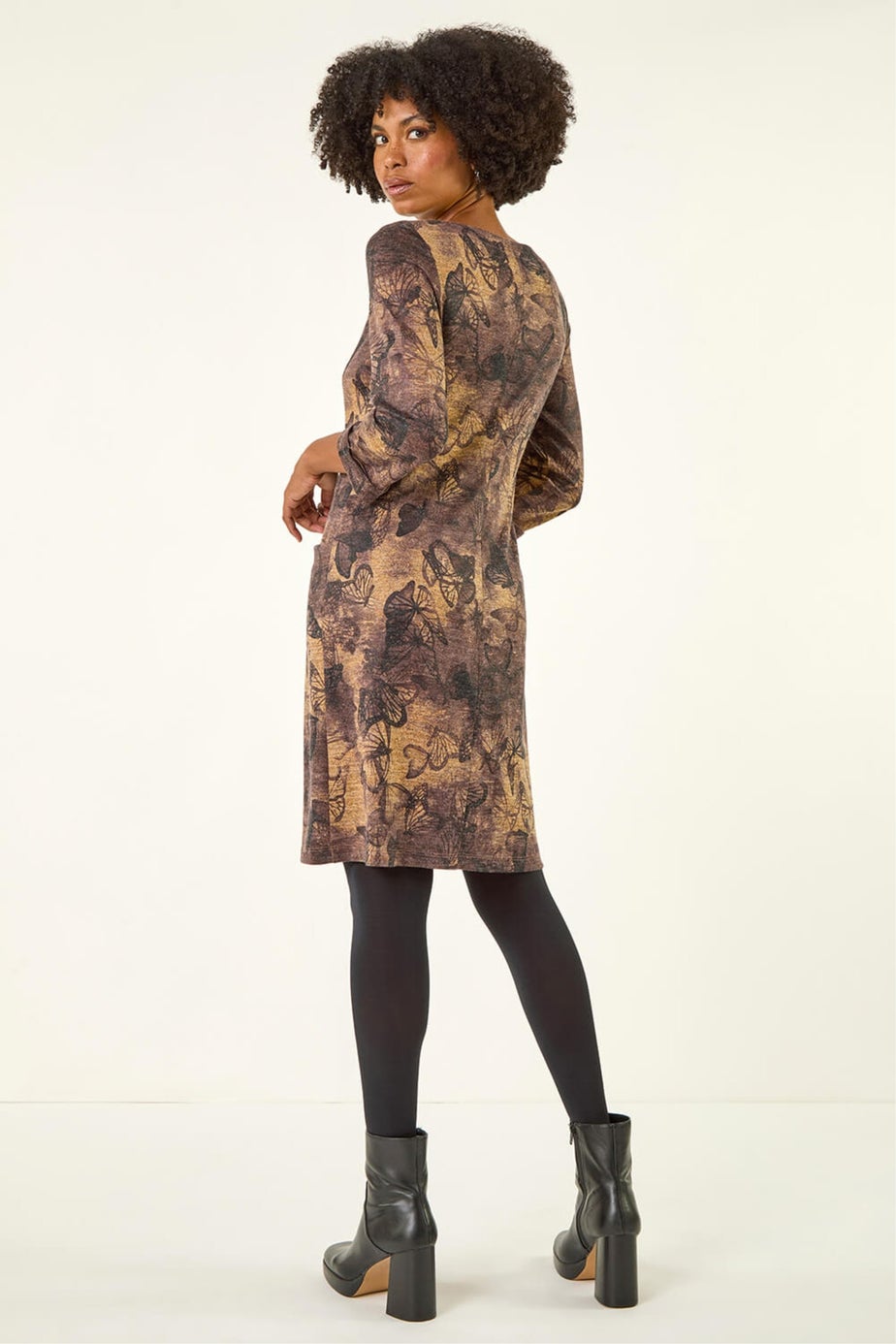 Roman Tan Butterfly Pocket Stretch Shift Dress