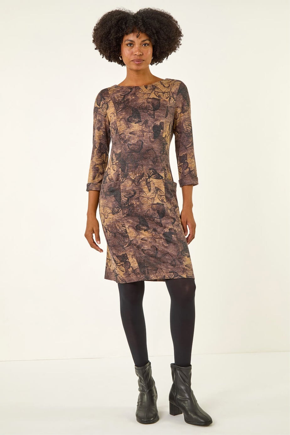 Roman Tan Butterfly Pocket Stretch Shift Dress