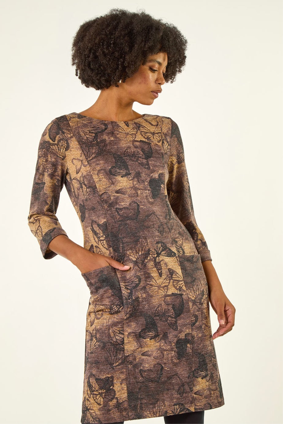 Roman Tan Butterfly Pocket Stretch Shift Dress