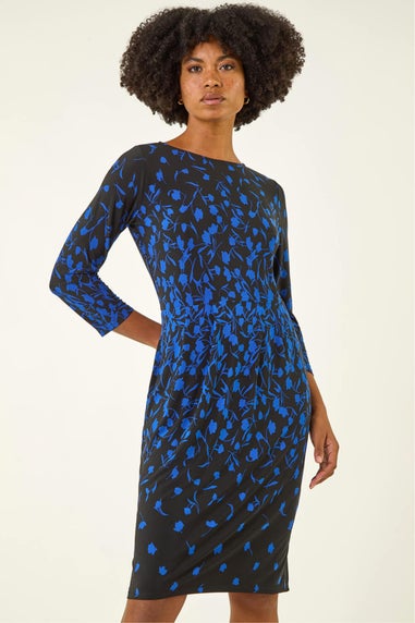 Roman Royal Blue Floral Pleat Pocket Front Stretch Dress