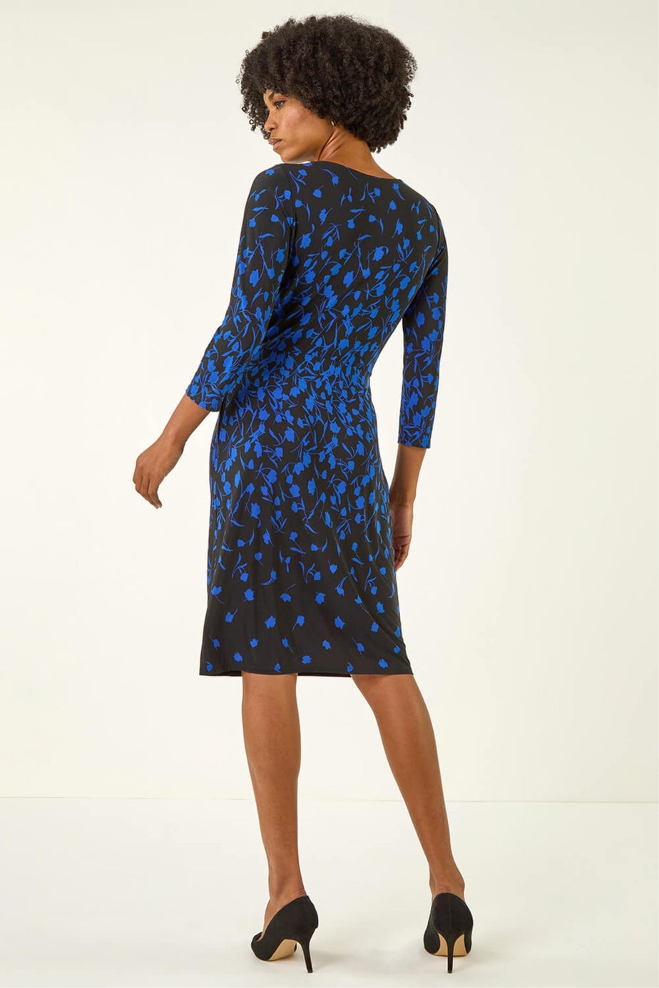 Roman Royal Blue Floral Pleat Pocket Front Stretch Dress