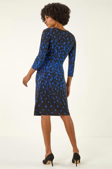 Roman Royal Blue Floral Pleat Pocket Front Stretch Dress