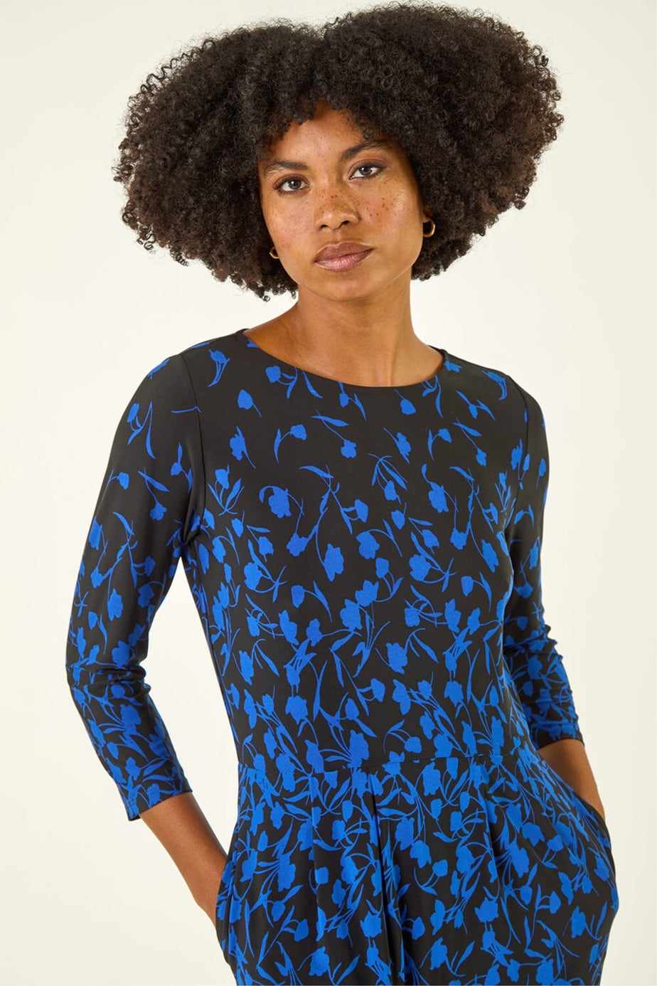 Roman Royal Blue Floral Pleat Pocket Front Stretch Dress