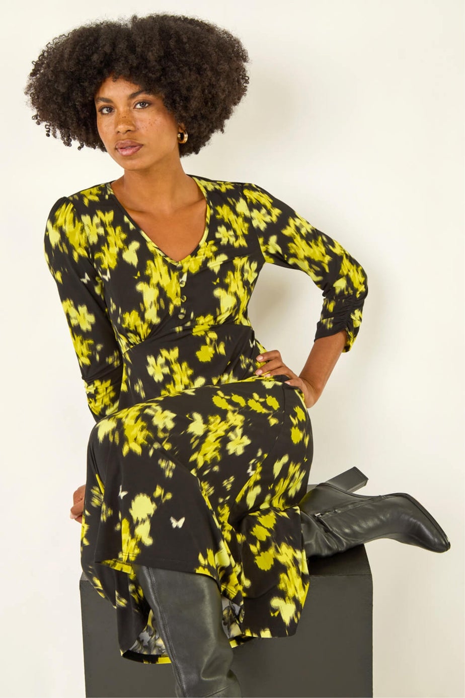Roman Yellow Floral Print Button Midi Dress