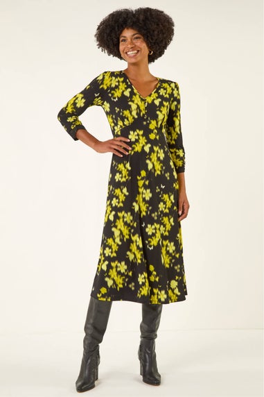Roman Yellow Floral Print Button Midi Dress
