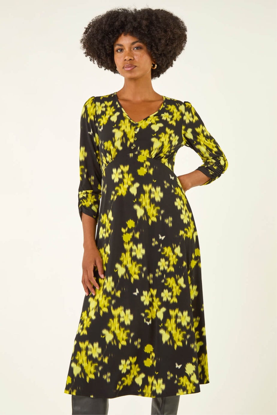 Roman Yellow Floral Print Button Midi Dress