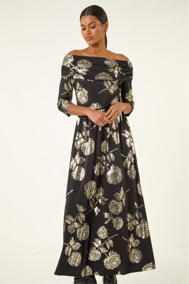 Roman Gold Floral Foil Bardot Midi Dress