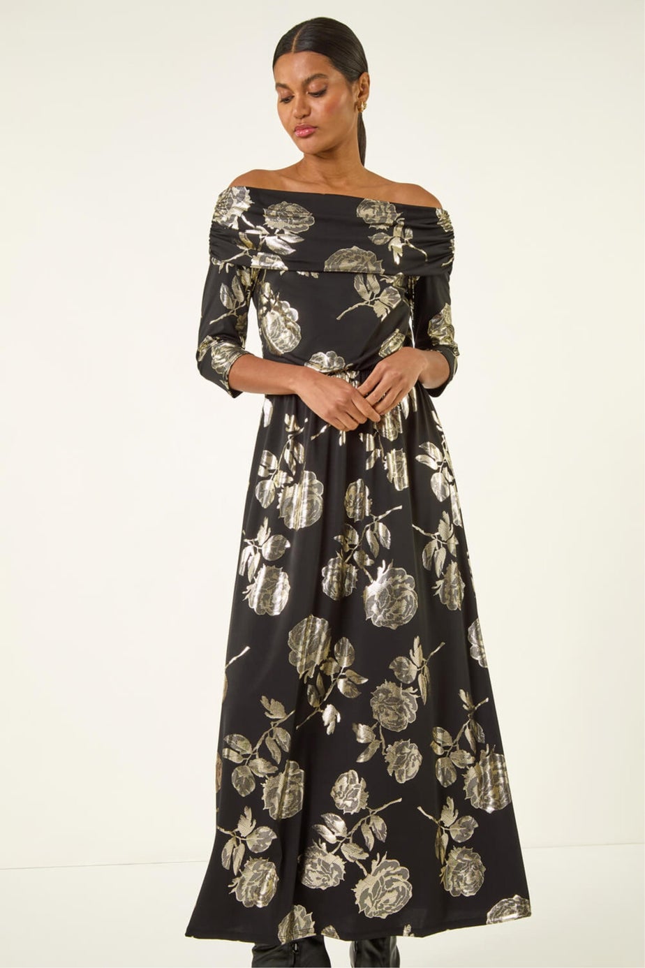 Roman Gold Floral Foil Bardot Midi Dress