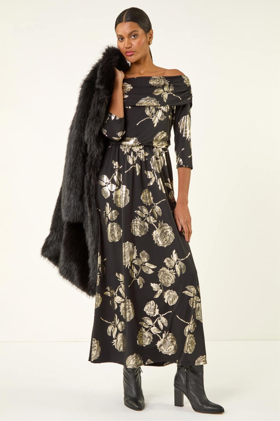 Roman Gold Floral Foil Bardot Midi Dress