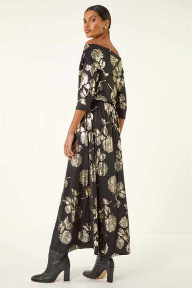 Roman Gold Floral Foil Bardot Midi Dress