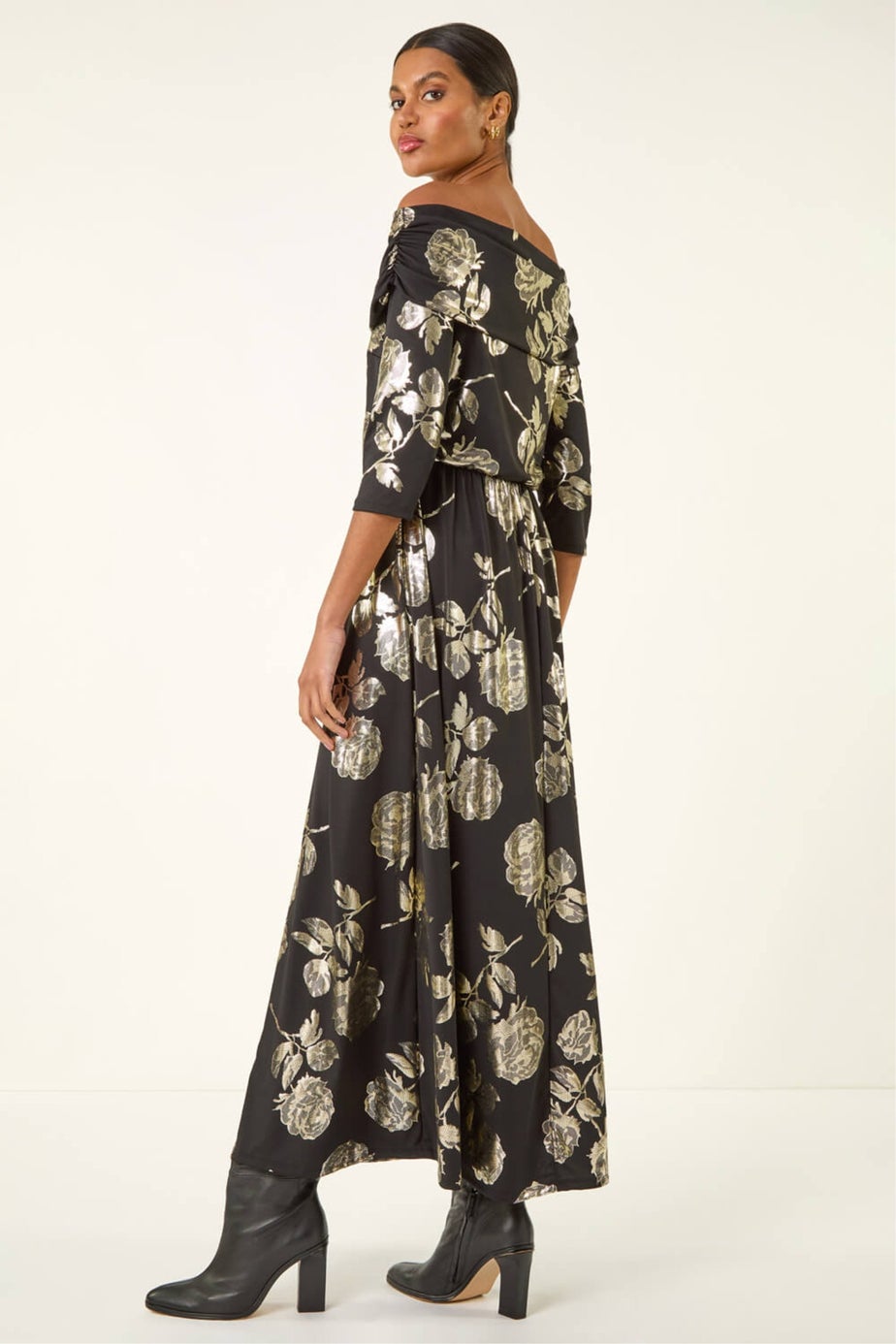 Roman Gold Floral Foil Bardot Midi Dress