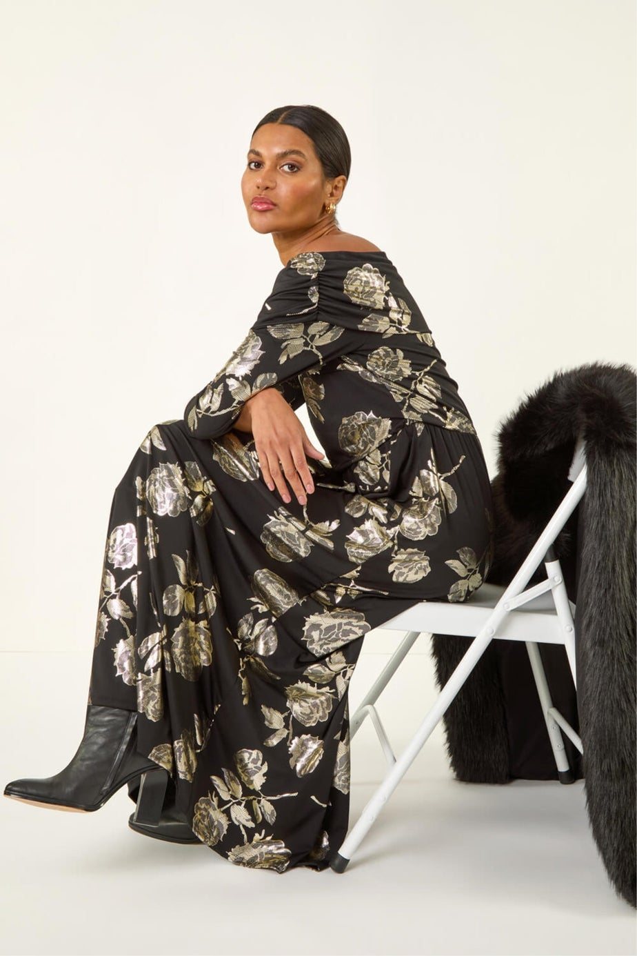 Roman Gold Floral Foil Bardot Midi Dress