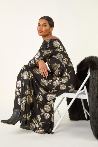 Roman Gold Floral Foil Bardot Midi Dress