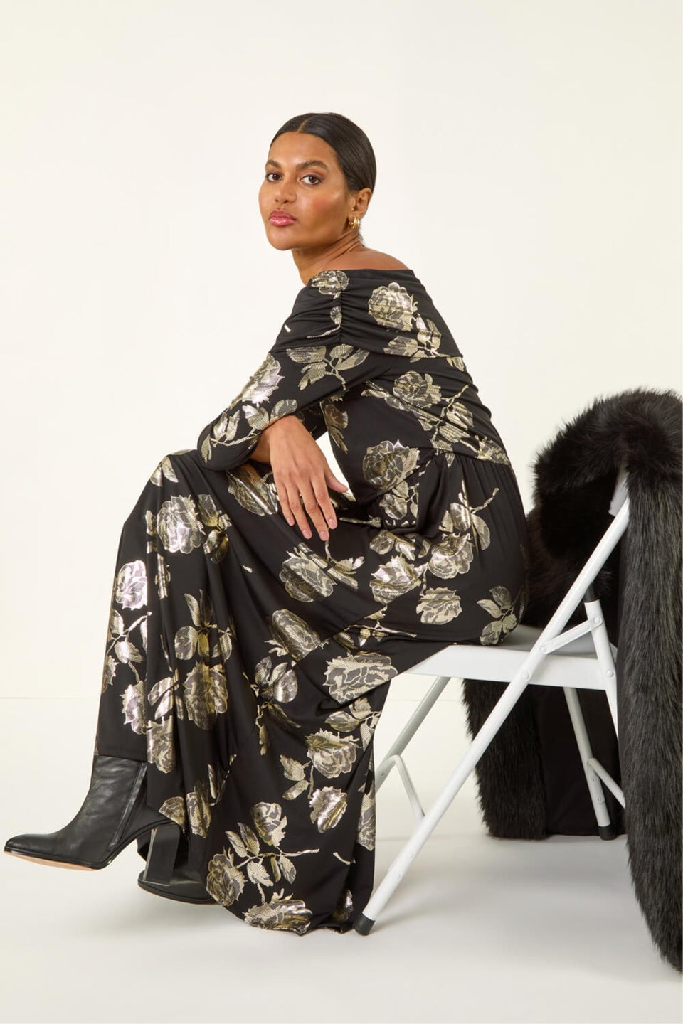 Roman Gold Floral Foil Bardot Midi Dress