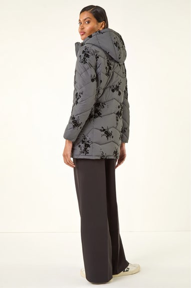 Roman Grey Floral Flock Padded Coat