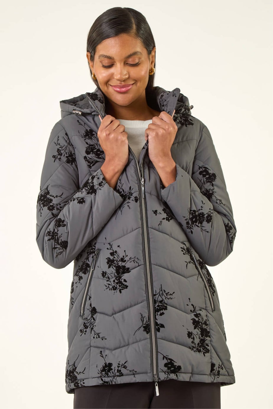 Roman Grey Floral Flock Padded Coat