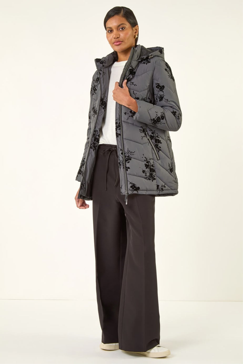 Roman Grey Floral Flock Padded Coat