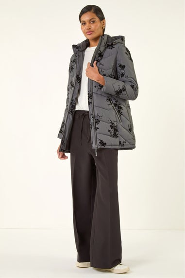 Roman Grey Floral Flock Padded Coat