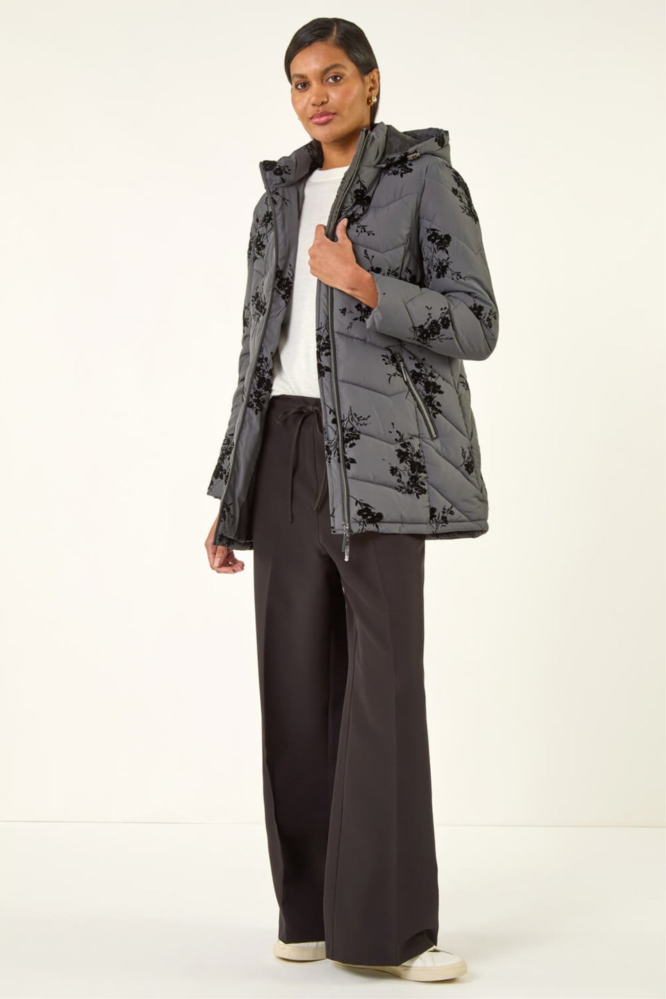 Roman Grey Floral Flock Padded Coat