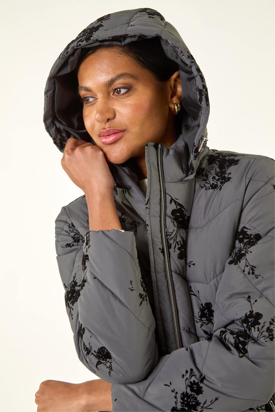 Roman Grey Floral Flock Padded Coat