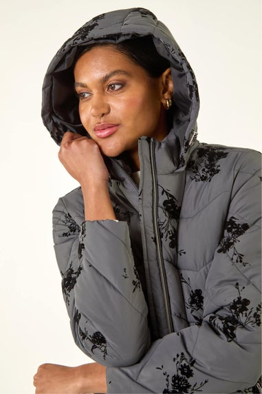 Roman Grey Floral Flock Padded Coat