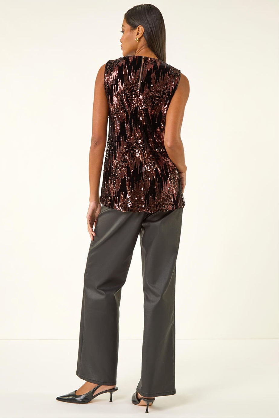 Roman Chocolate Sequin Velvet Notch Neck Top