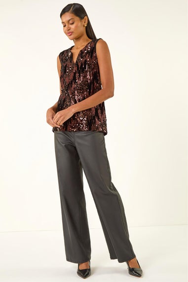 Roman Chocolate Sequin Velvet Notch Neck Top