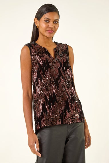 Roman Chocolate Sequin Velvet Notch Neck Top