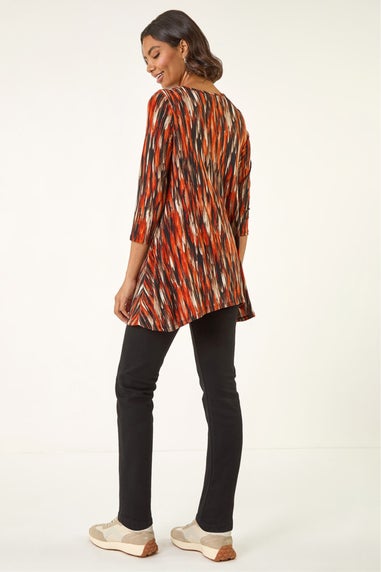 Roman Orange Abstract Print Hanky Hem Stretch Top